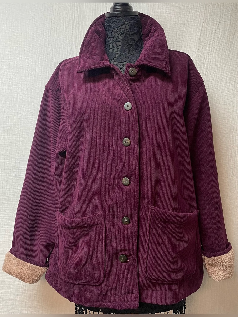 Boston Traders Plum Corduroy Button-Front Teddy Jacket Size: XL